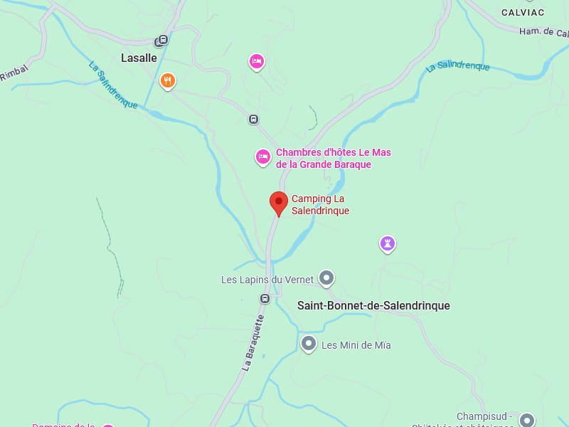 Carte indiquant l'emplacement du Camping La Salendrinque, près de Lasalle, Saint-Bonnet-de-Salindrinque, sur le cours d'eau La Salindrenque.